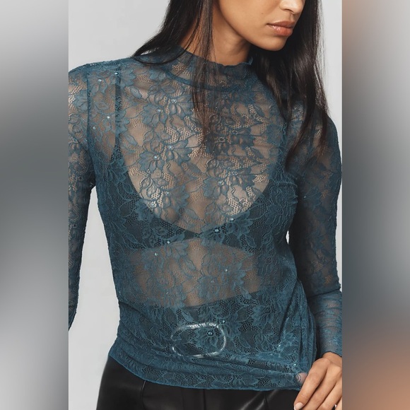 NWT! By Anthropologie Turquoise Lace Layering Turtleneck - Size XXS 🦖 - Picture 4 of 10